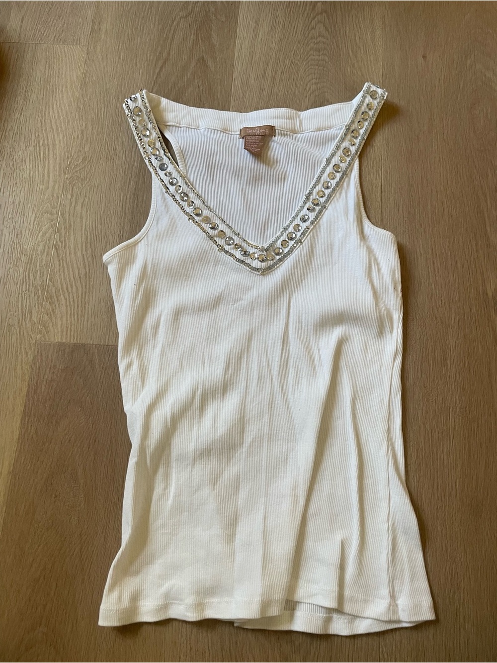 Forever 21 White Ribbed Tank with Jeweled V-Neck